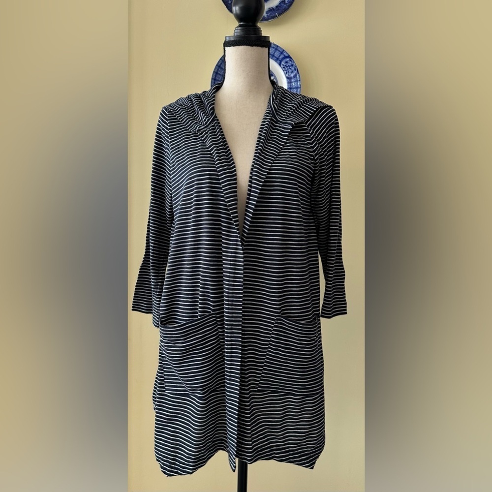 J. Jill | Navy & White Striped Open Front Knit Lightweight Hoodie, NWT